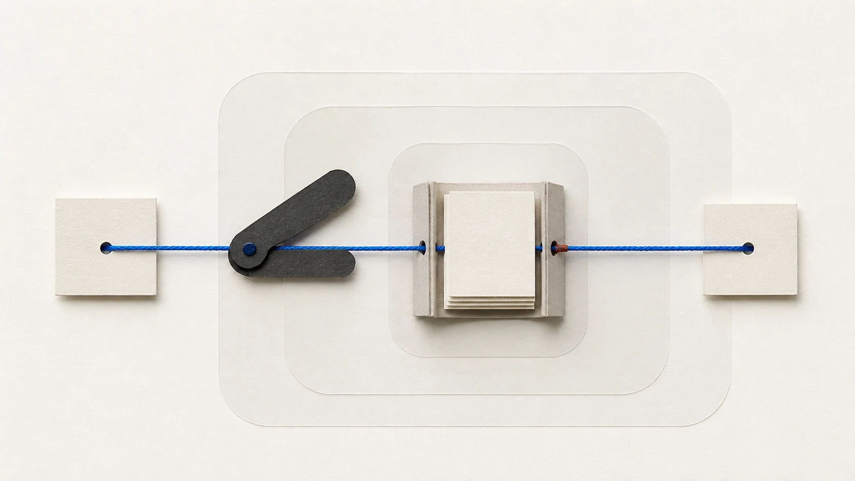 A blue thread passes from an input tile through a hinged charcoal operator and a stack of rules to an output tile, crossing nested paper boundaries at a rust-colored stitch.