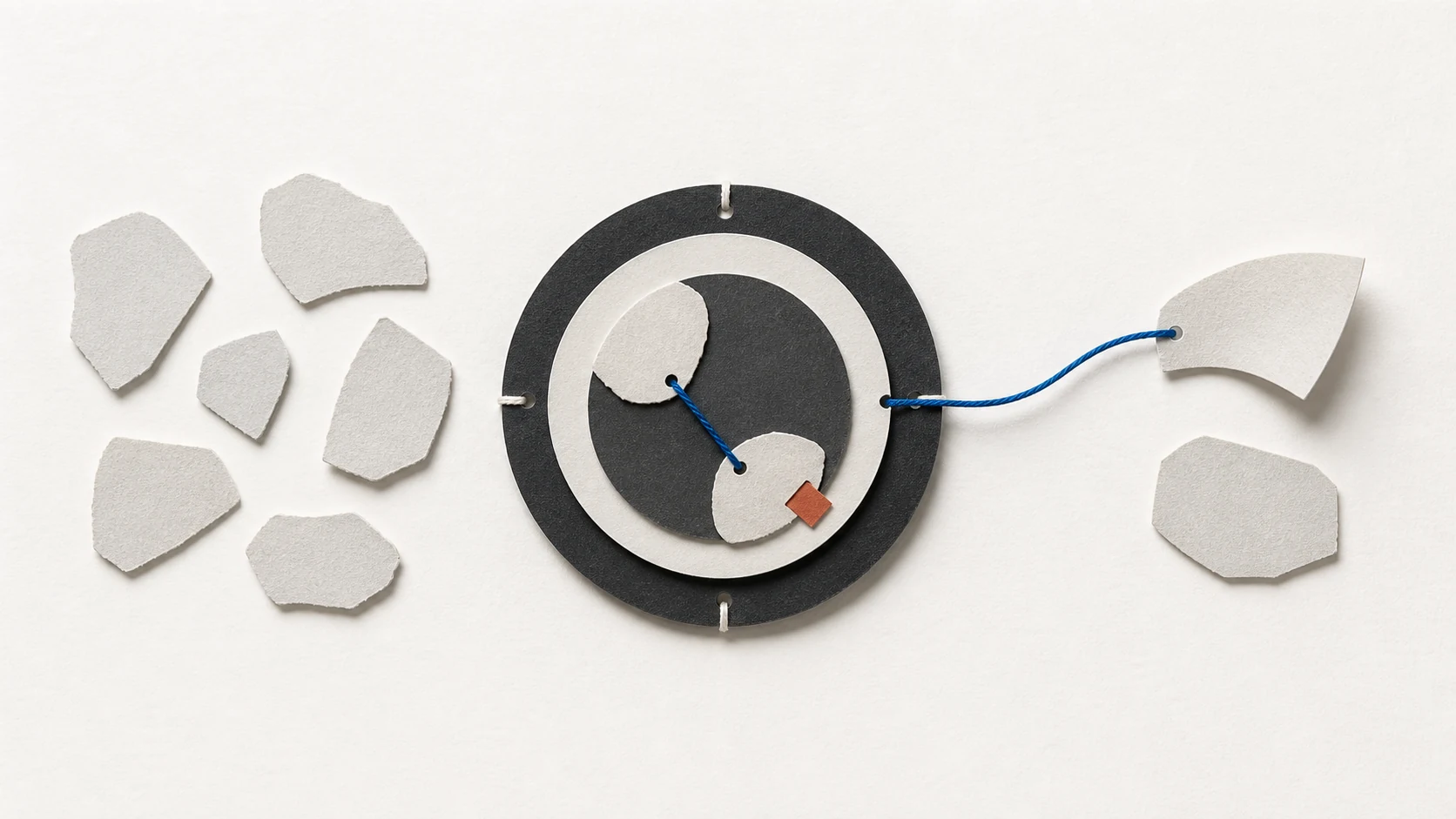 Pale paper fragments surround a stitched circular core; a blue thread integrates two fragments and extends toward a later fragment, with one rust tab marking the new addition.